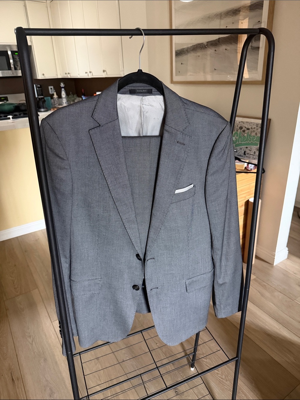 Zara Man Heather Grey Textured Suit Jacket Blazer 42 w/ Matching Pants 32